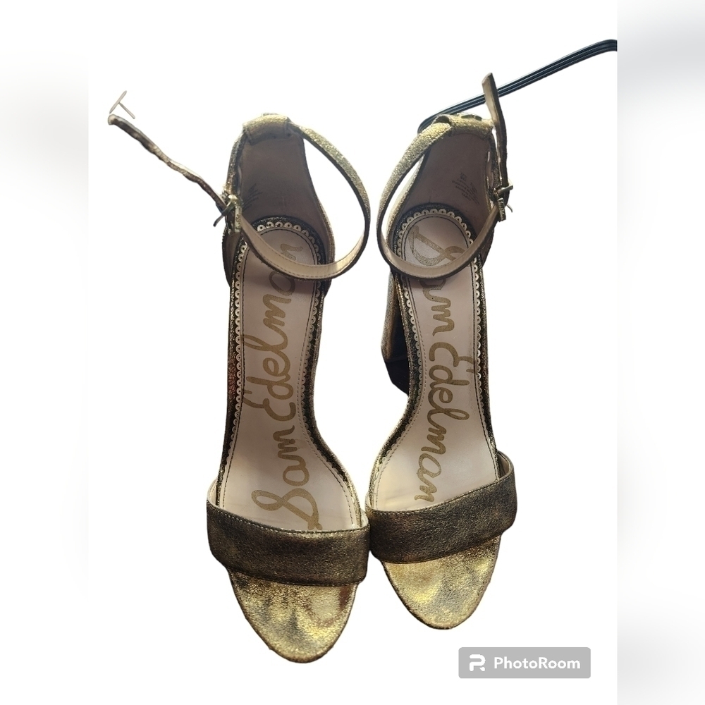Sam Edelman Yaro Ankle Strap Block Heels, Gold Distressed Sz.8 - Picture 2 of 5